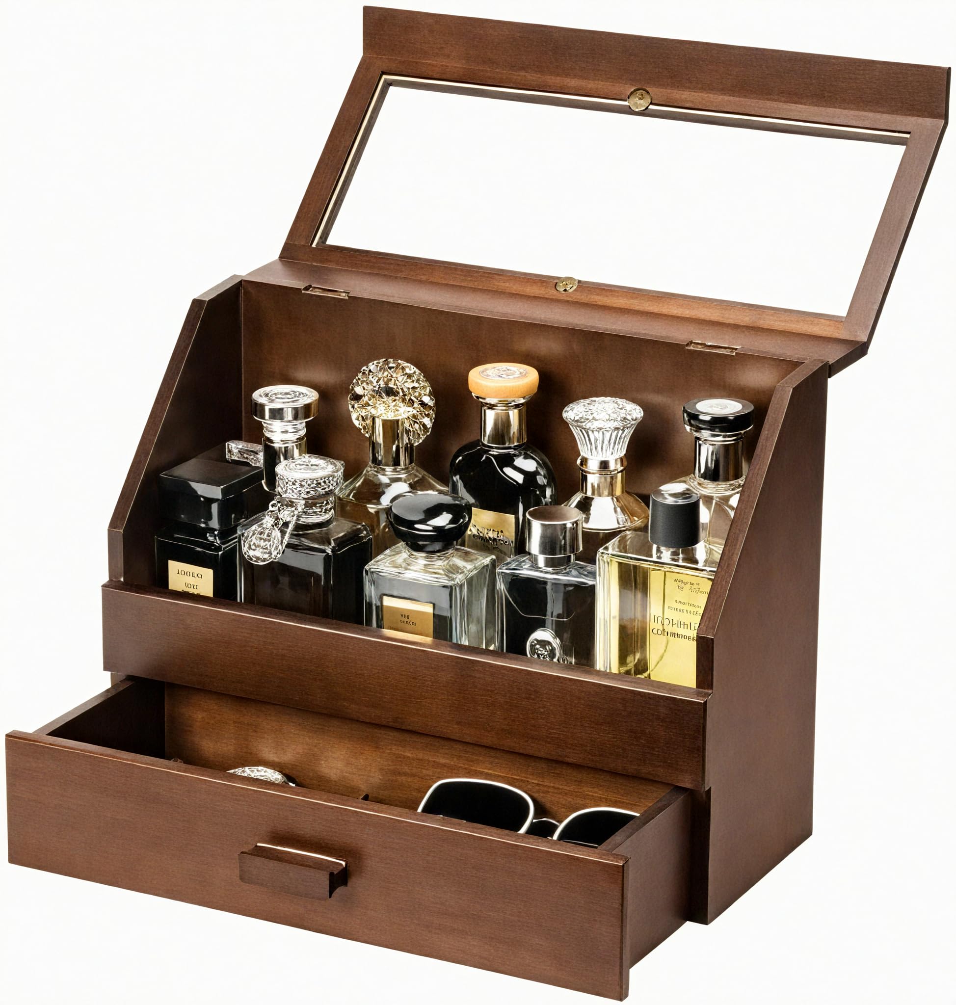Emfogo Cologne Organizer for Men - Dustproof Stand with Drawer, Wood Perfume Stand Organizer for Dresser, Large Capacity Cologne Holder Display, Great Gift for Men