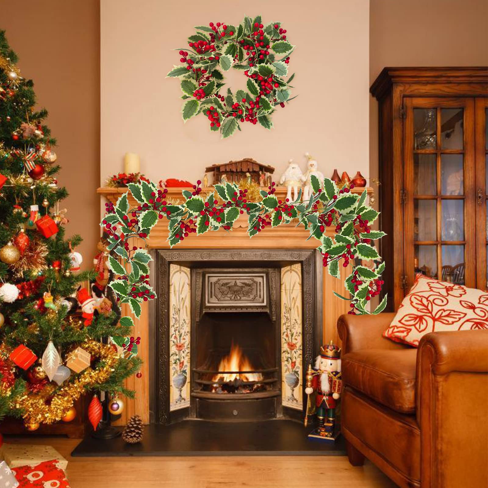 Decoration Noel Porte Exterieur En Rotin 1,5 M Avec Poinsettias Rouges Et Baies - Décoration Intérieur/Extérieur - Pour Porte, Fenêtre, Cheminée Guirlande De Noël
