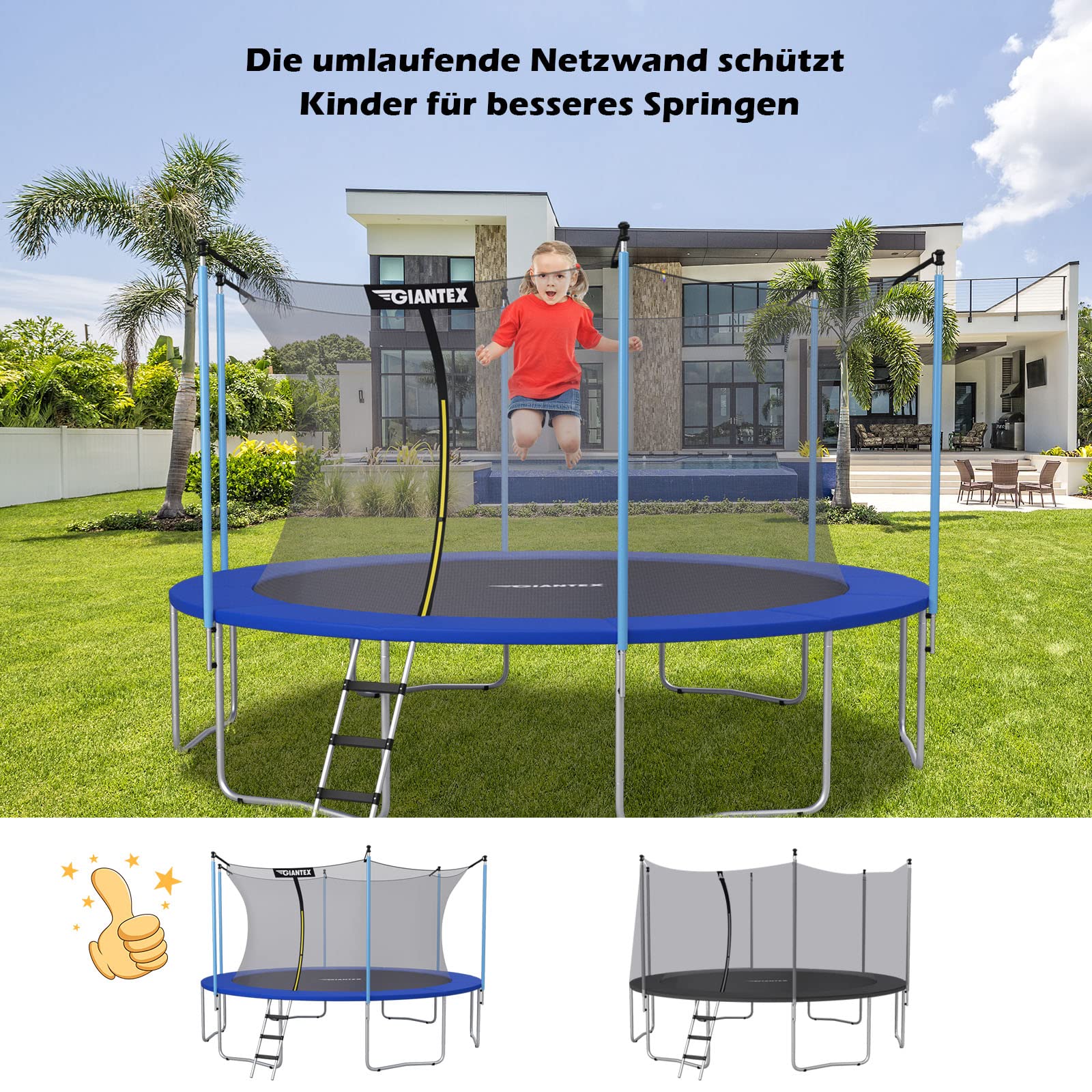 COSTWAY Ø244 /305/366 /427/457 /487cm Trampolin Sicherheitsnetz für Gartentrampoline, Ersatznetz innenliegend mit Reißverschluss und Schnallen, für 6/8 Stangen, Netzhöhe 180 cm