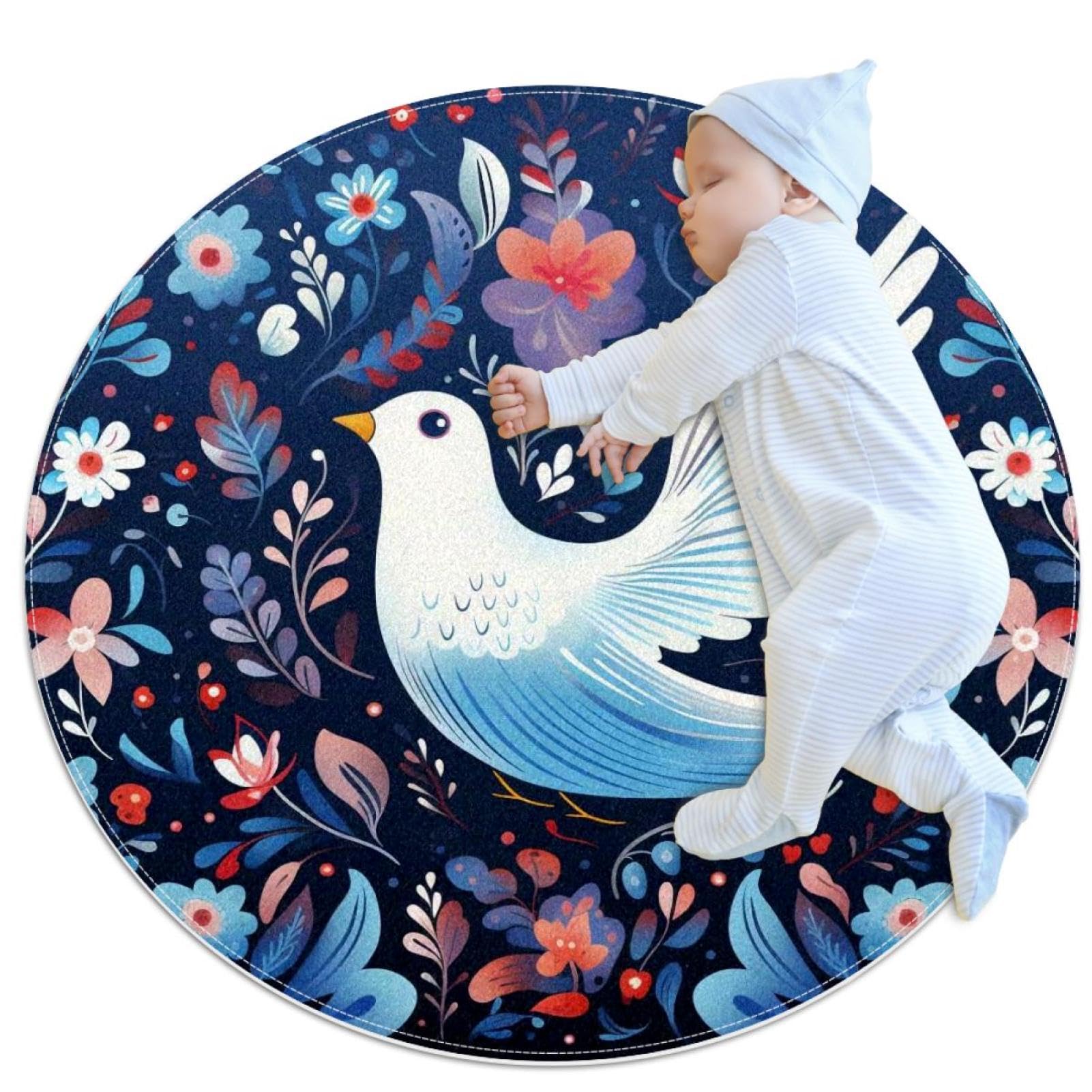 Tapis de salle de bain rond antidérapant 1m fleurs blanches