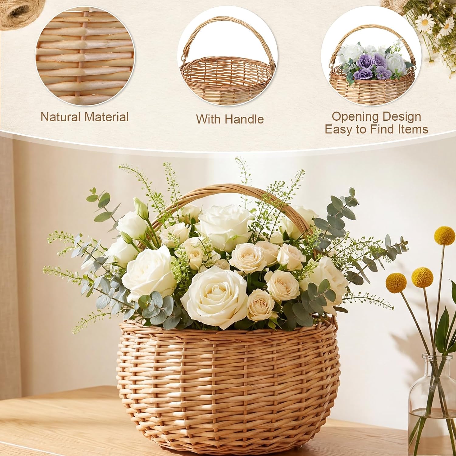 Remerry 2 Pcs Handwoven Willow Basket Set, Natural Wicker Picnic Baskets with Handle, Round Wicker Flower Basket for Wedding Flower Girl, Home Storage and Picnic Organizer