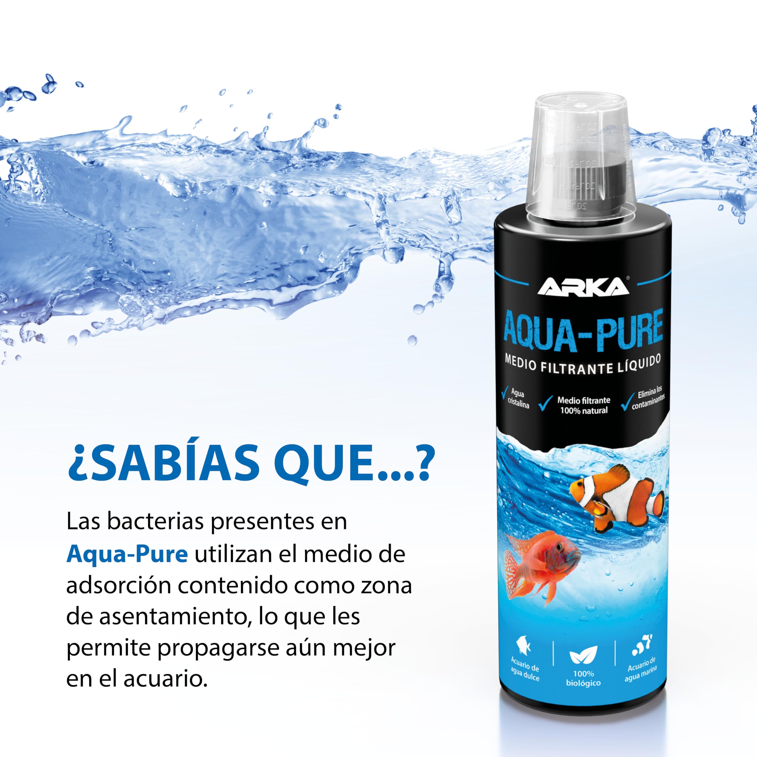 Aclarador de Agua Acuario 118 ml – ARKA Aqua-Pure – Elimina turbidez y residuos – Agua cristalina en acuarios Dulces y Marinos – 100% biológico con bacterias filtrantes – Seguro para Plantas