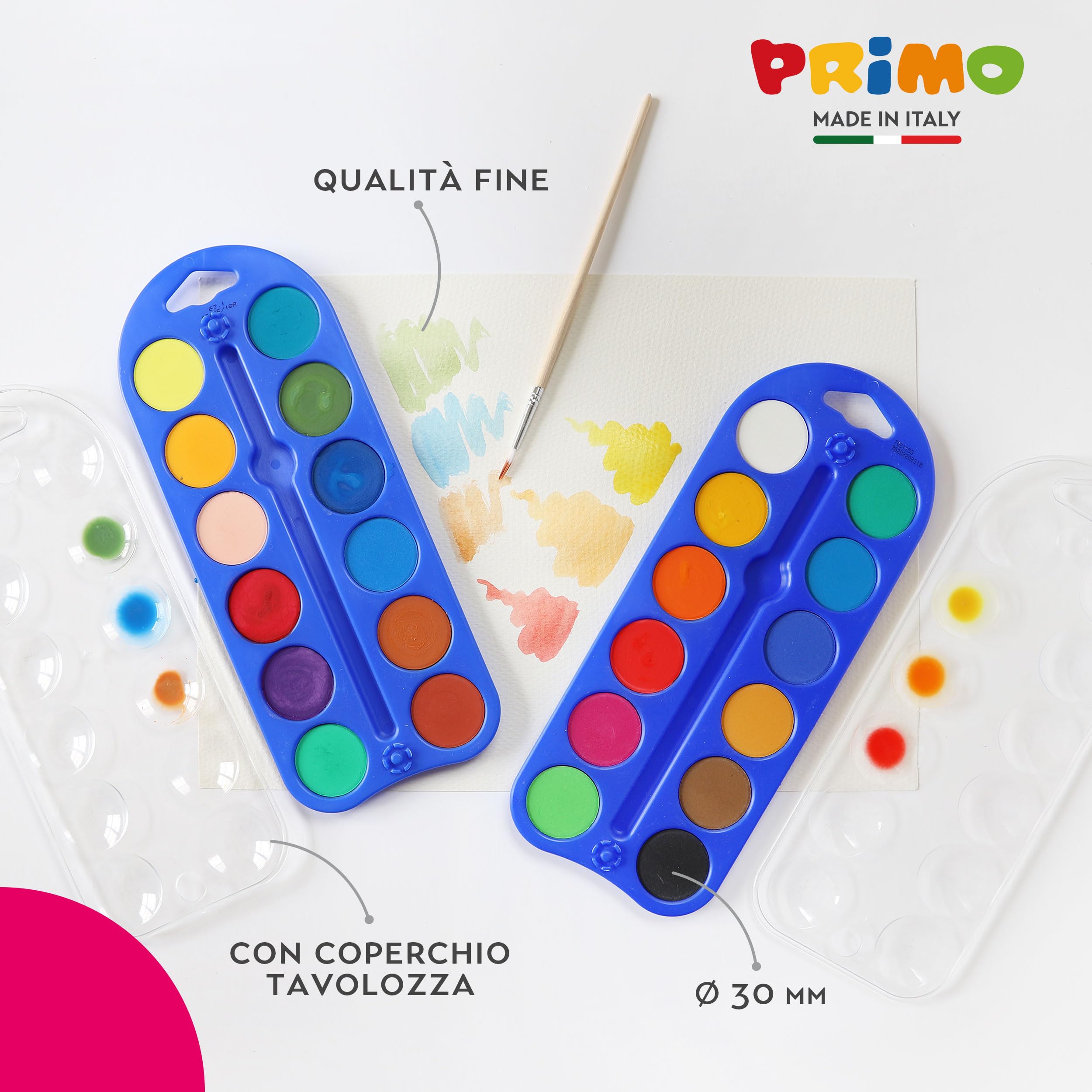 PRIMO - Acquerelli per Bambini Artisti con 24 Colori Ø30 mm + 1 Pennello Acquerello per Dipingere, Kit Tavolozza per Dipingere Pittura, Colori per Bambini +5 Anni Acquerellabili per Lavoretti Creativi