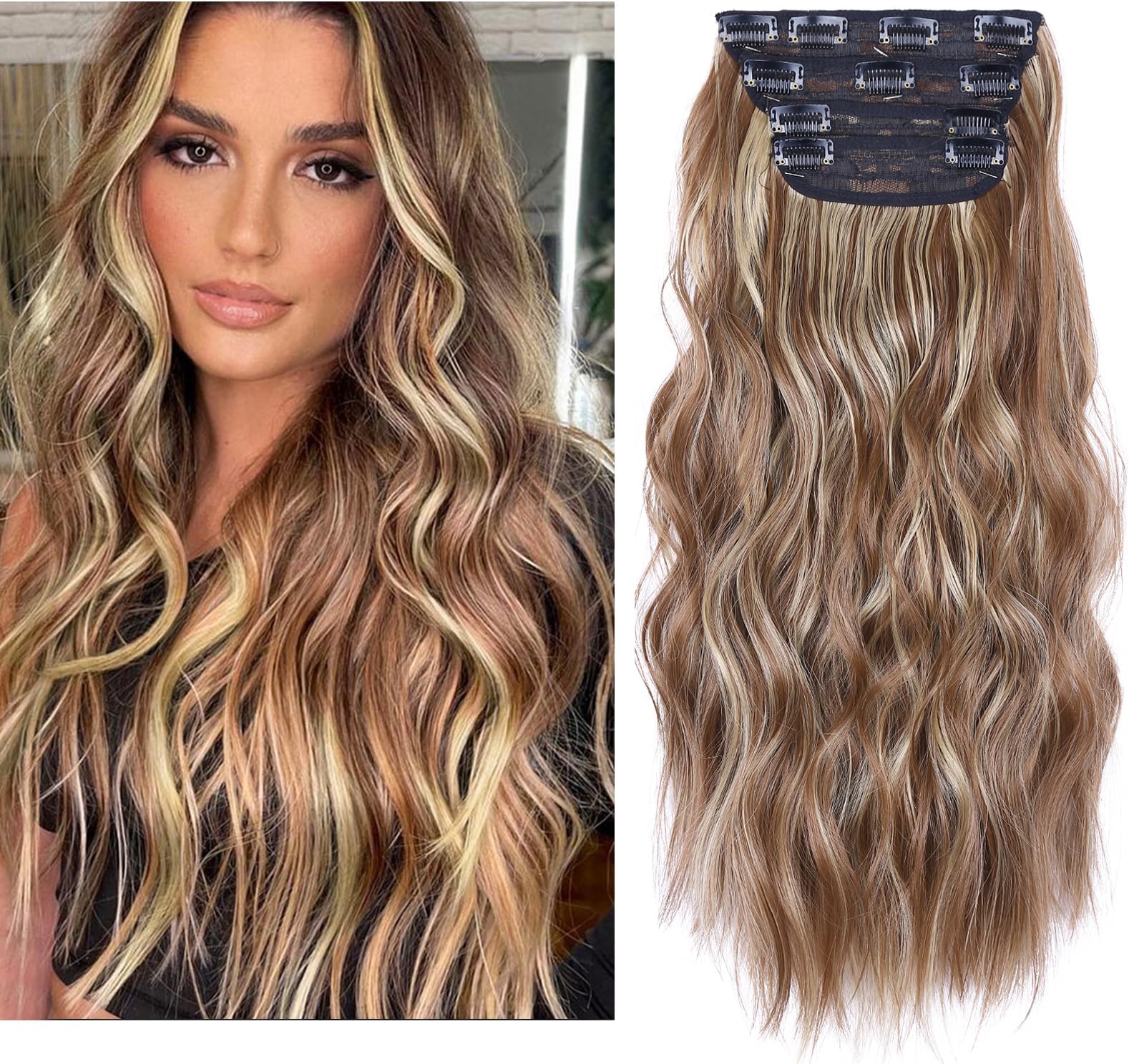 20 Inches Hair Extensions Clip in, Natural Synthetic Curly Clip in Hair Extension for Women and Girls (Red Brown with Beige Blonde Highlights, 4Pcs)