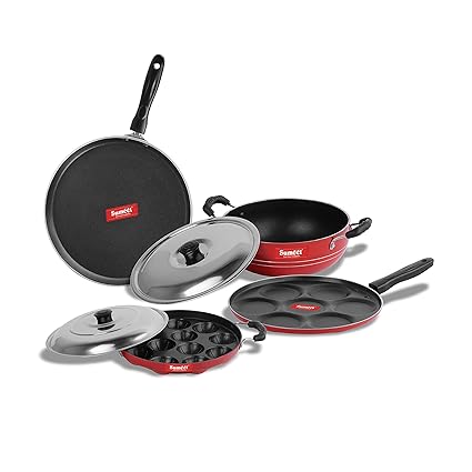Sumeet 2.6mm Thick Non-Stick Shona Cookware Set (Dosa Tawa 26.5cm Dia + Multi Snack Maker 26.5cm Dia + Kadhai with Lid 1.5Ltr Capacity- 20cm Dia + Grill Appam Patra with Lid 23cm Dia)