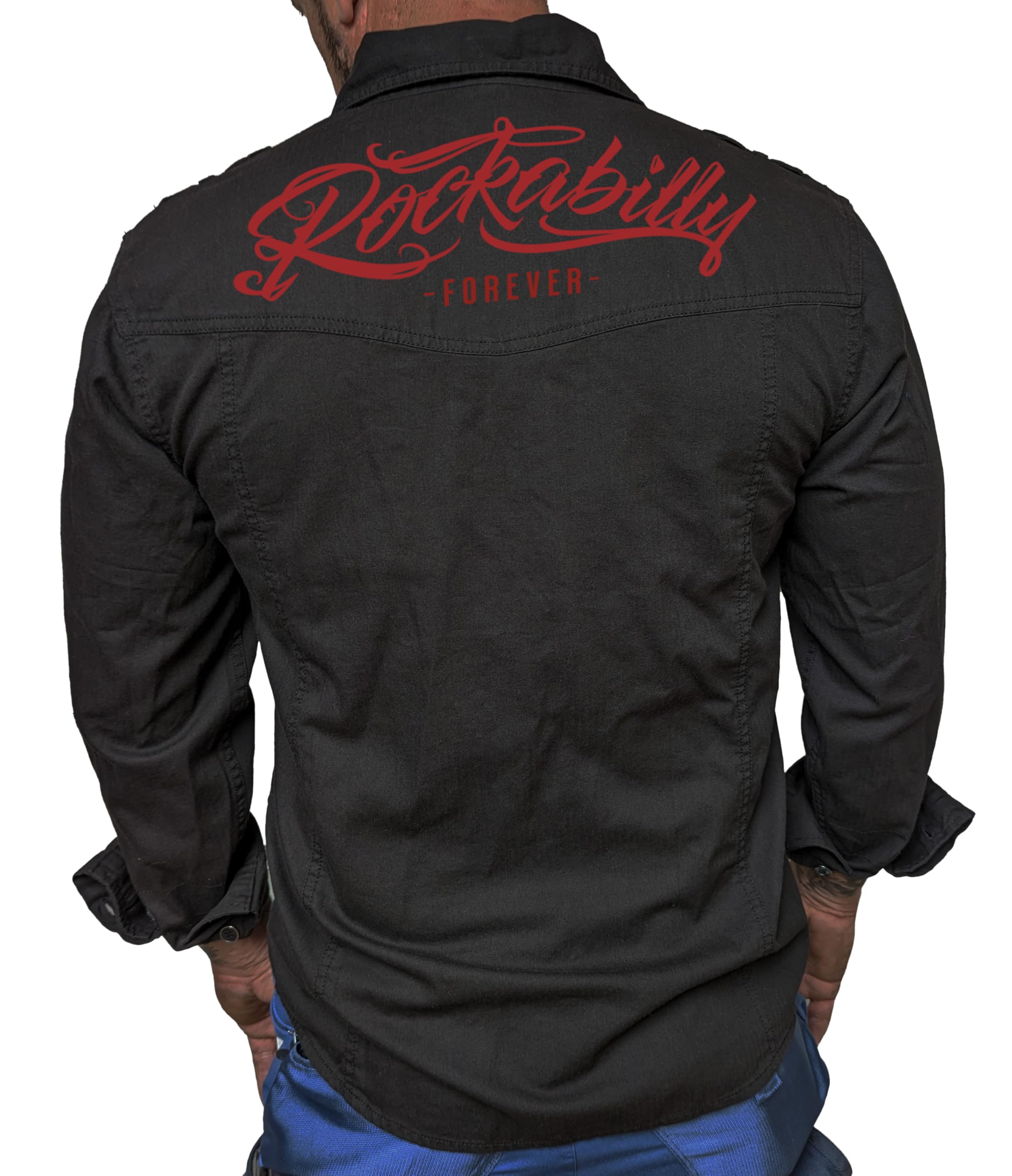 Gasoline Bandit Schweres Rockabilly Worker Herren-Jeans-Hemd mit Stick Patch und Rückendruck tailliert schwarz - Reine Baumwolle