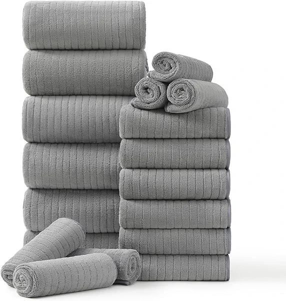 18 Piece Family Bath Towel Set Include 6 Bath Towels,6 Hand Towels and 6 Washcloths Soft Bathroom Towel with Hanging Loops,Highly Absorbent Quick Dry Towels Set for Bathroom,Hotel and Spa-Grey