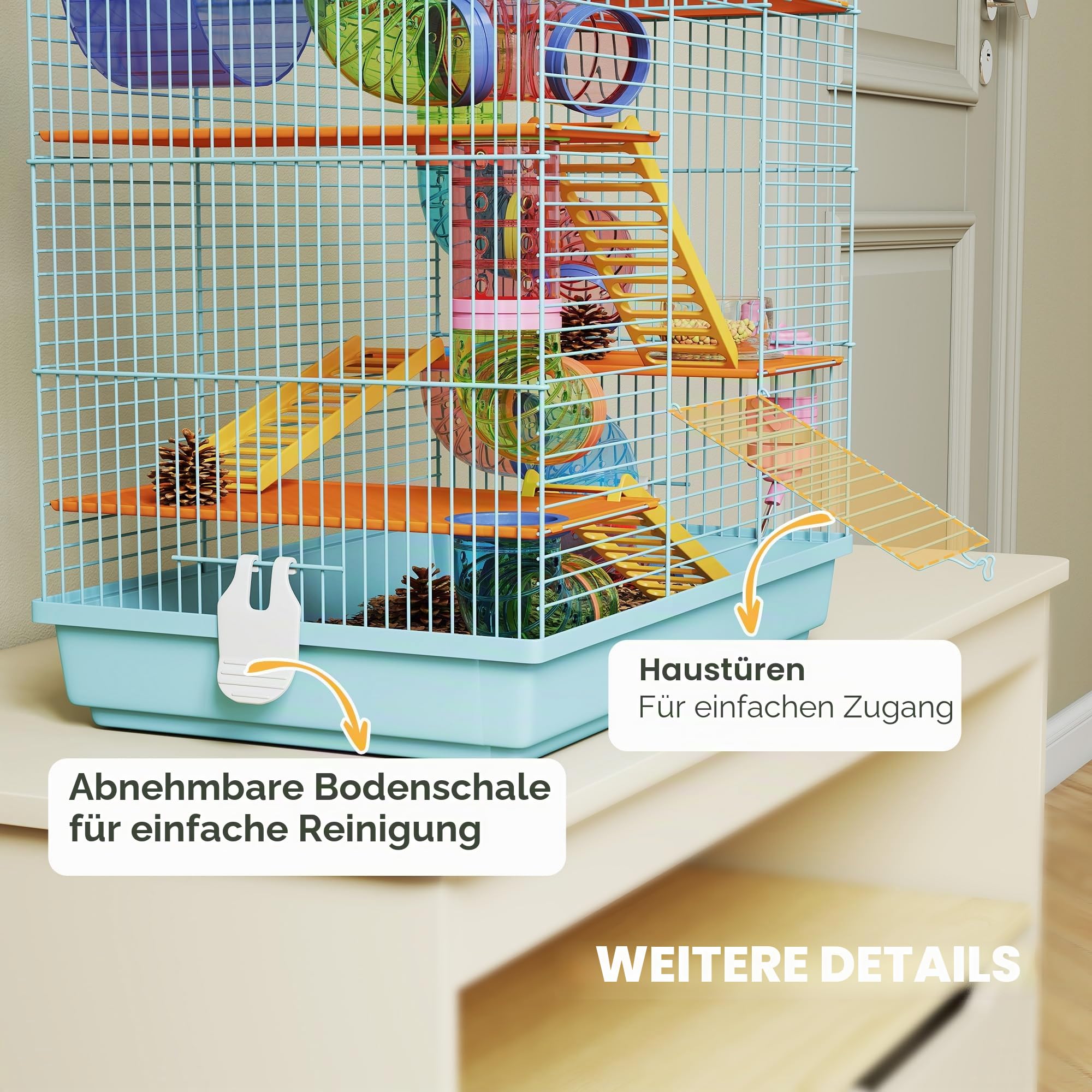 PawHut 5-stöckiger Hamster- und Nagetierkäfig, Hamsterkäfig mit farbigen Röhren, Rad, Haus und Zubehör im Lieferumfang enthalten, 47x30x59 cm, hellblau | Hamsterkäfig mit farbigen Röhren, Häuschen, inklusive Zubehör