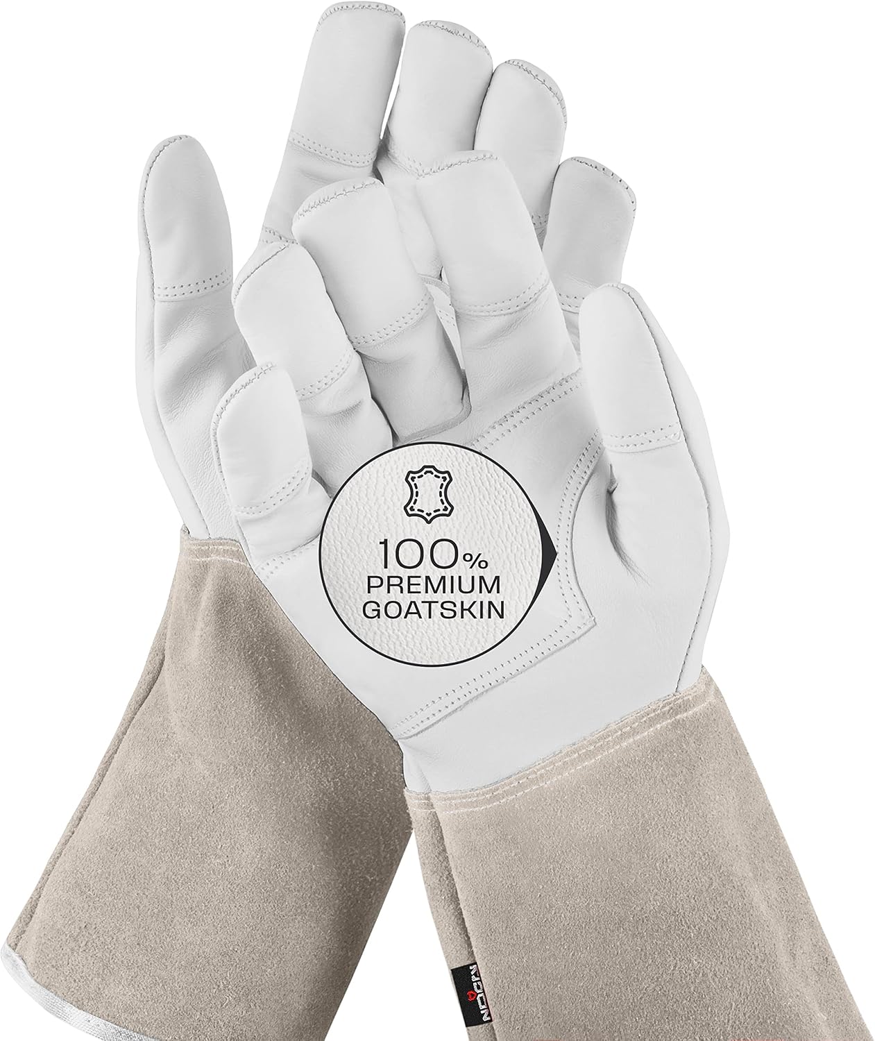 NoCry Long Leather Gardening Gloves for Women and Men; Near Thorn Proof for Cactus, Rose and Blackberry Pruning, General Yard Work and Garden Gloves; Reinforced Palms and Fingertips; Beige; X-Small