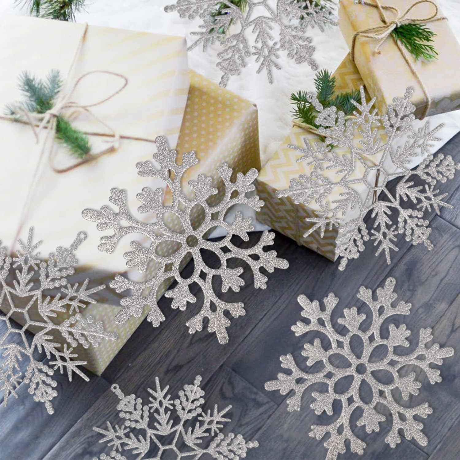 6pcs Large Silver Snowflakes Ornaments 12” Big Plastic Glitter Snowflake for Winter Indoor Outdoor Christmas Tree Window Room Decorations Giant Craft Snowflakes