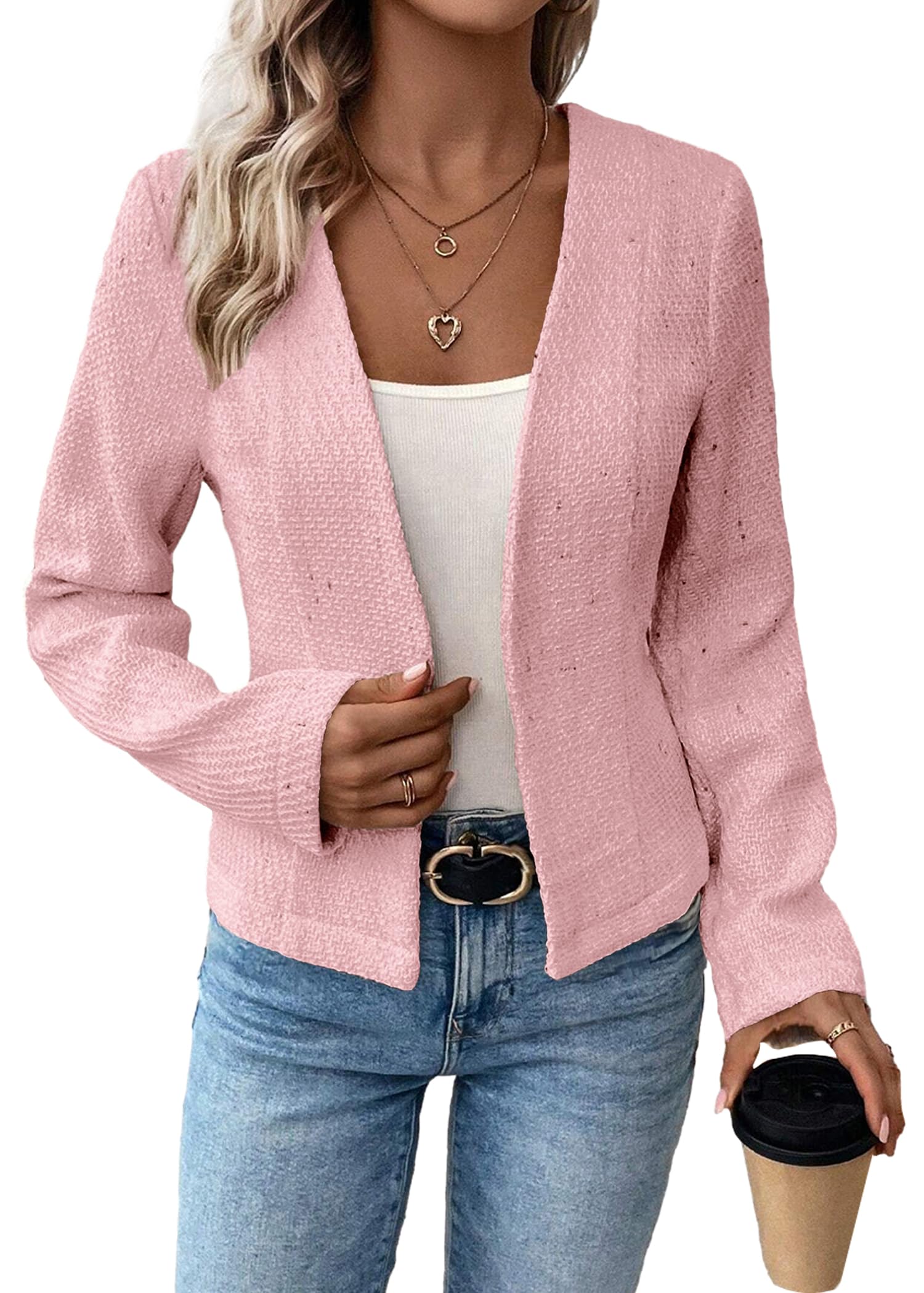 Mina self2025 Women's Spring Tweed Blazer Fully-Lined Collarless Open Front Elegant Petite Cute Fashion Casual Work Jacket
