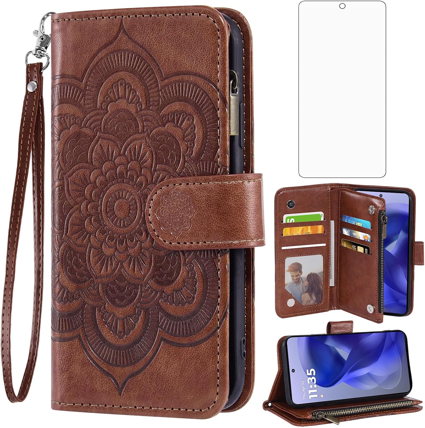 Asuwish Phone Case for Motorola Moto G Power 5G 2025/G Play 2025 Wallet Cover with Tempered Glass Screen Protector and Flower Flip Credit Card Holder Stand Cell Accessories XT2515-1 Women Men Brown