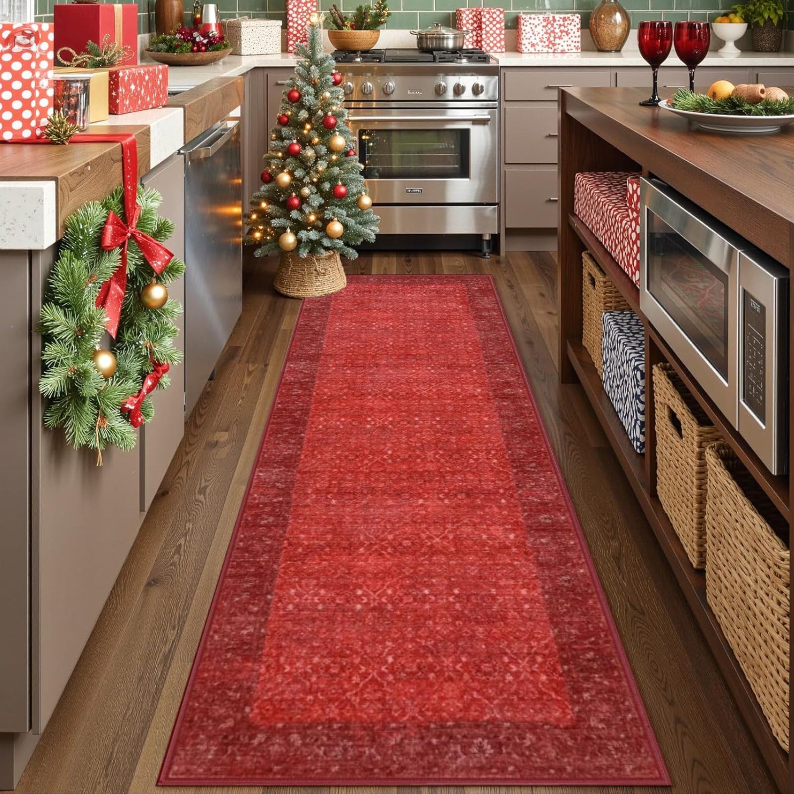 Vintage Red Kitchen Runner Rug, 2x6 Runners for Hallways Non Slip, Washable Runner Rug for Bedroom Entryway, Ultra-Thin Carpet Runners for Laundry Room Bedroom Holiday Decor (2'x6', Red)