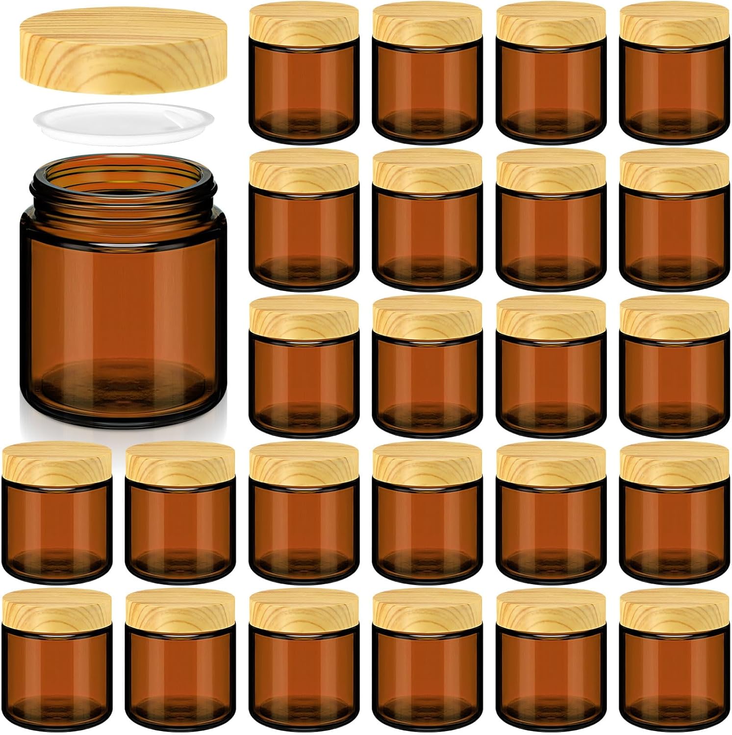 Norme 24 Pcs 4oz Glass Jars with Lids Empty Small Glass Containers and Inner Liners Reusable Cosmetic Jars Round Airtight Bottles with Plastic Woodgrain Lids for Storing candle, Lotion(Amber)
