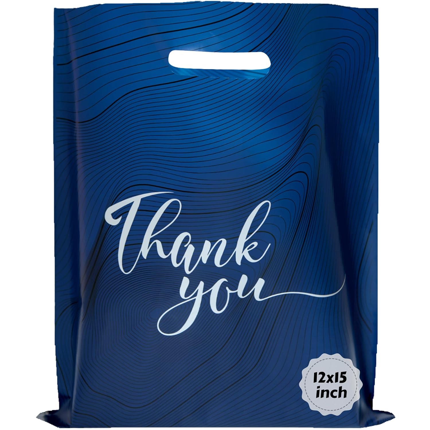 Rainbows & Lilies 100 Thank You Plastic Bags with Handles 12″W x 15″H Thick Reusable Bulk Shopping Bags for Small Business, Retail Merchandise, Boutique Gifts, Clothes, Goodie Party Favors (Navy Blue)