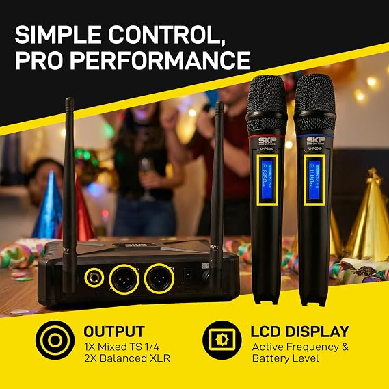 SKP Pro Audio UHF-300D Dual Wireless Microphone System Handheld Wireless Microphones with LCD Display, 200ft Range, Clear Sound, Long Battery for Karaoke, Singing, Church & DJs