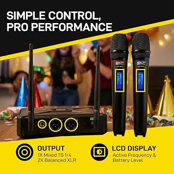 SKP Pro Audio UHF-300D Dual Wireless Microphone System Handheld Wireless Microphones with LCD Display, 200ft Range, Clear Sound, Long Battery for Karaoke, Singing, Church & DJs