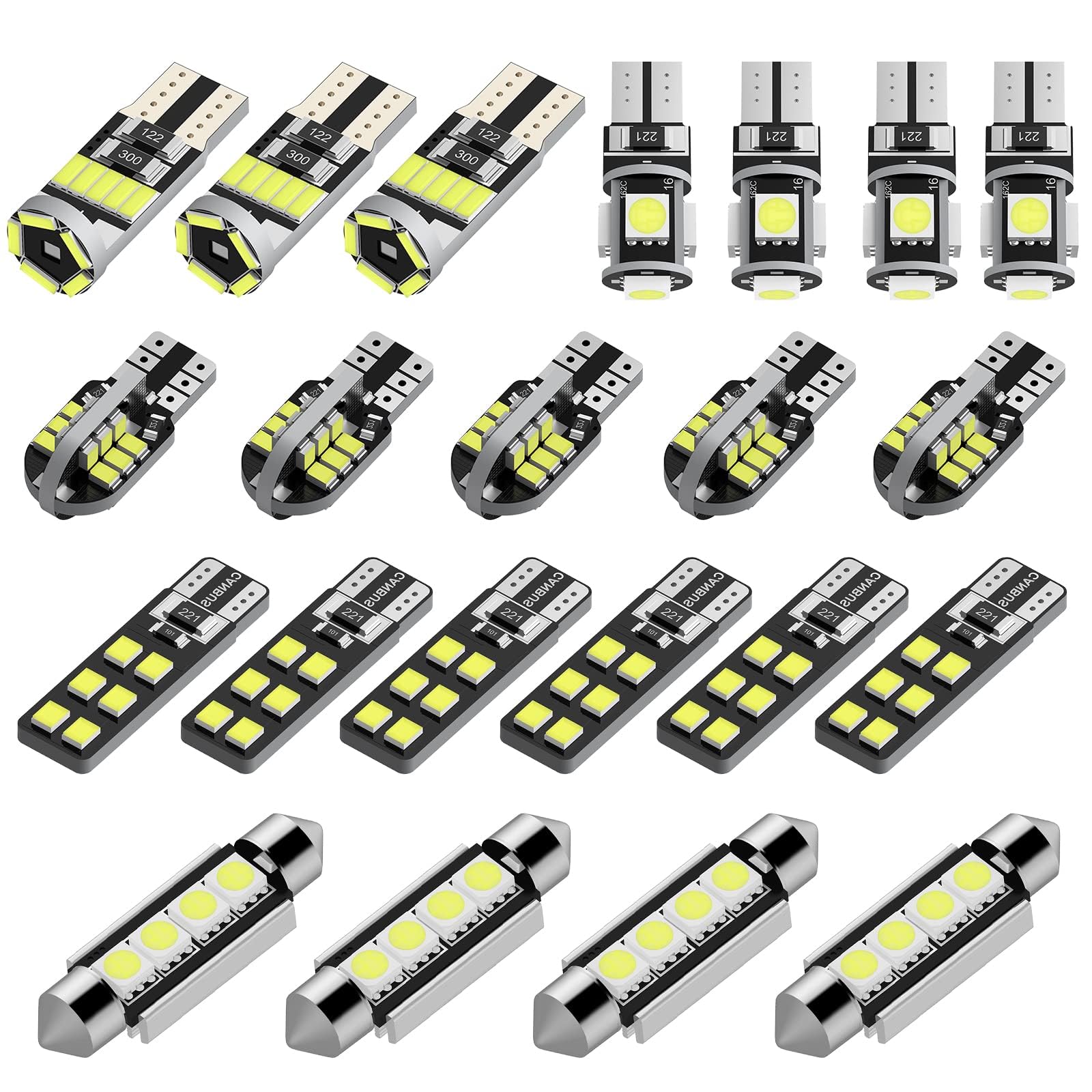 Justech Can-bus Error Free LED SMD Bulbs Kit Set Spare Parts for Car Interior Dome Map Door Courtesy License Plate Lights Festoon C5W T10 168 194 2825 Xenon-White