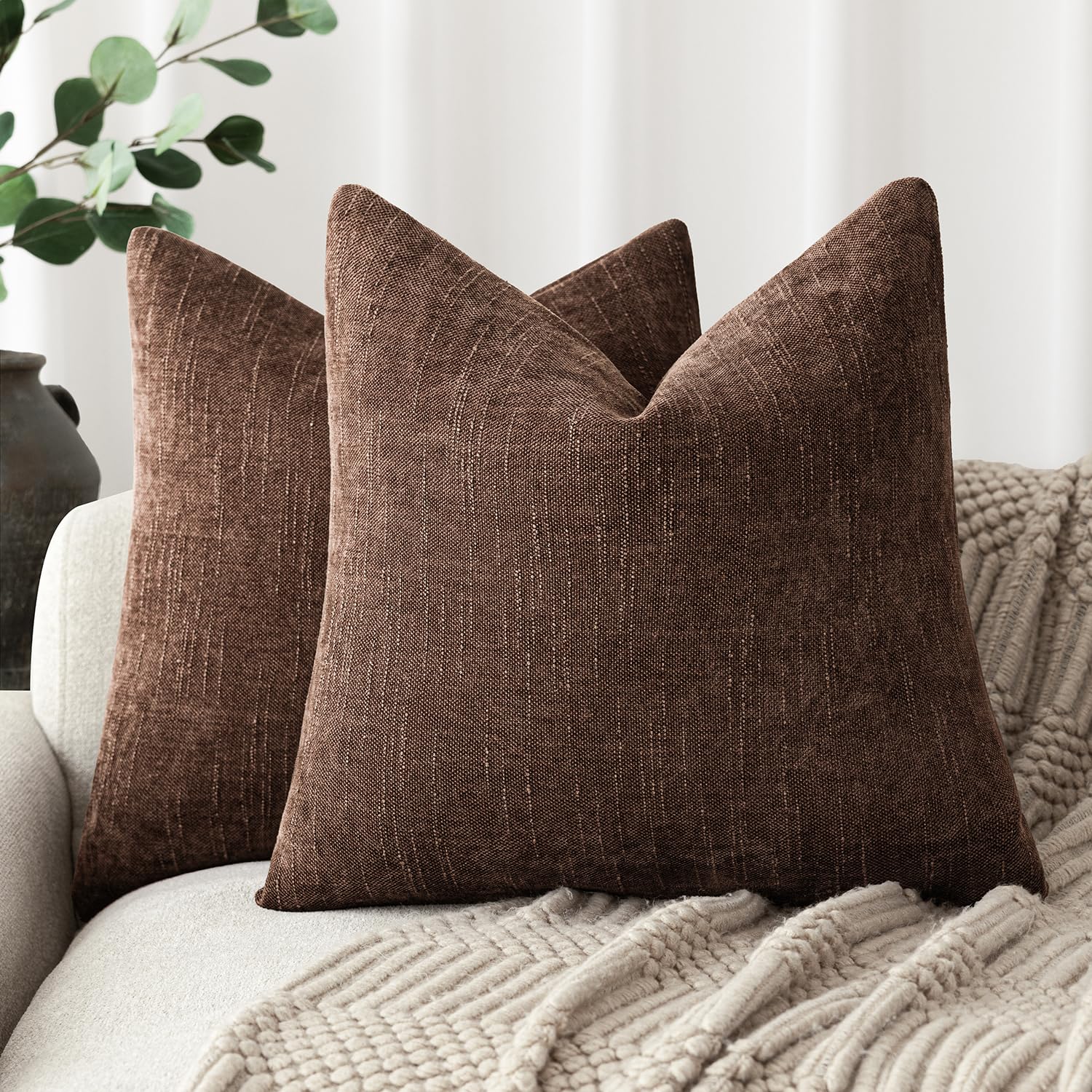 Foindtower Pack of 2 Soft Textured Chenille Throw Decorative Pillow Covers Square Accent Solid Cushion Cover Cozy Neutral Farmhouse Pillow Case for