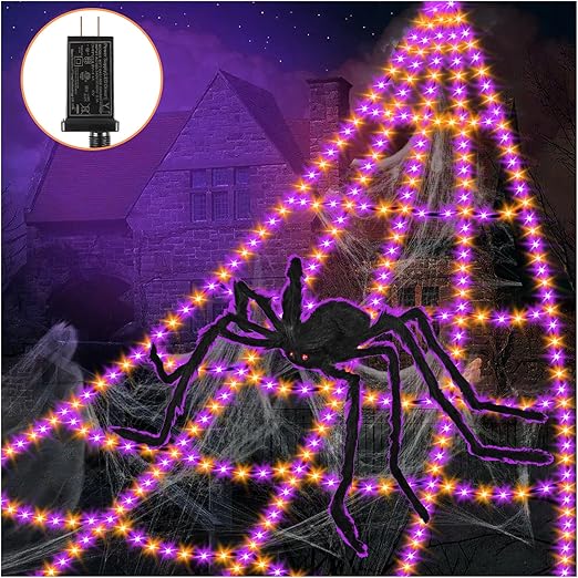 Spider Webs Halloween Decorations Lights - 550 LEDs Outdoor Giant Halloween Decor Lights with16.4ft,4ft Spider,8 Modes,Waterproof&Timer for Yard Porch Garden,Outside Party (with Spider)