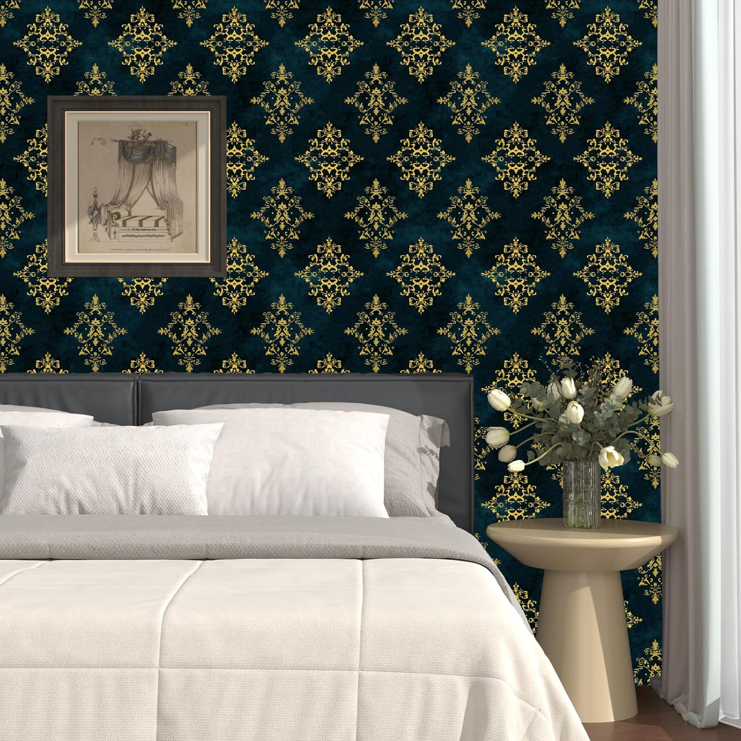 Fvlow Gothic Wallpaper Witchy Peel and Stick 17.4" x 394" Dark Green Contact Paper Waterproof Self Adhesive Vinyl Vintage Covering for Bathroom Bedroom Art Decorative Wall Decor