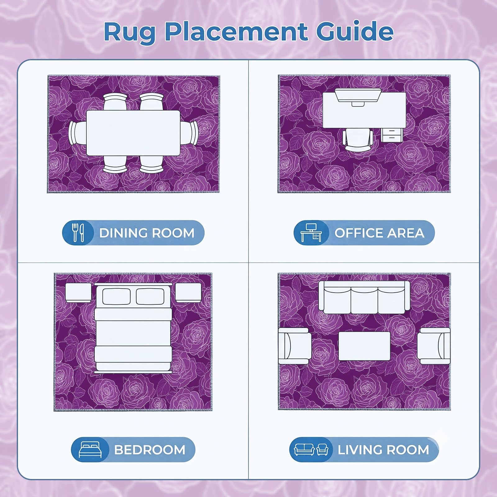 Tapis Lavable en Machine 80 x 150 cm Dessin Au Trait Fleurs Roses Tapis Antidérapant en Flanelle Idéal pour Enfants et Animaux – Moquette de Chambre Doux, Poils Courts, Entretien Facile, Violet