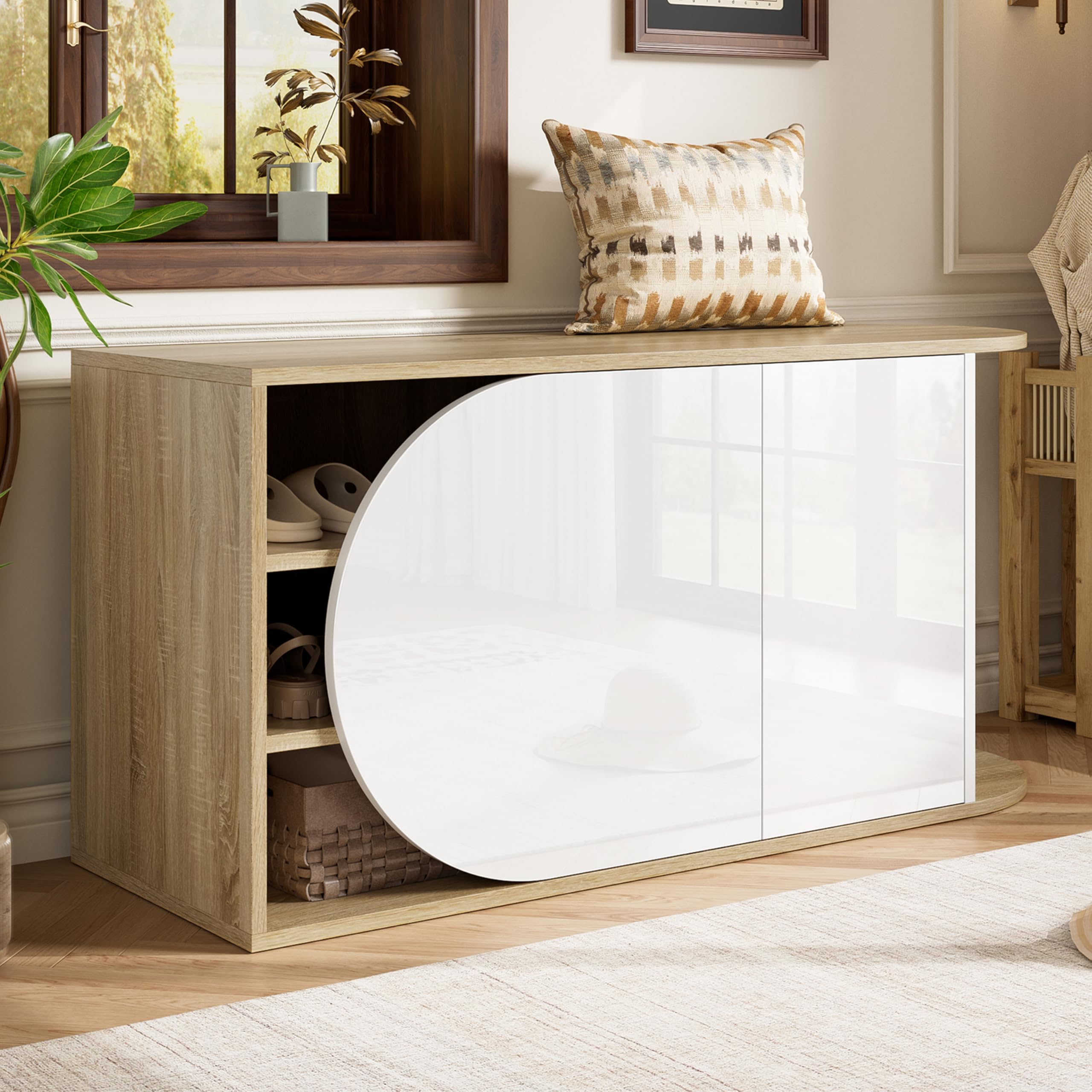 ModernLuxe Meuble à Chaussures avec Banc 2 Portes, Rangement, Blanc et Bois