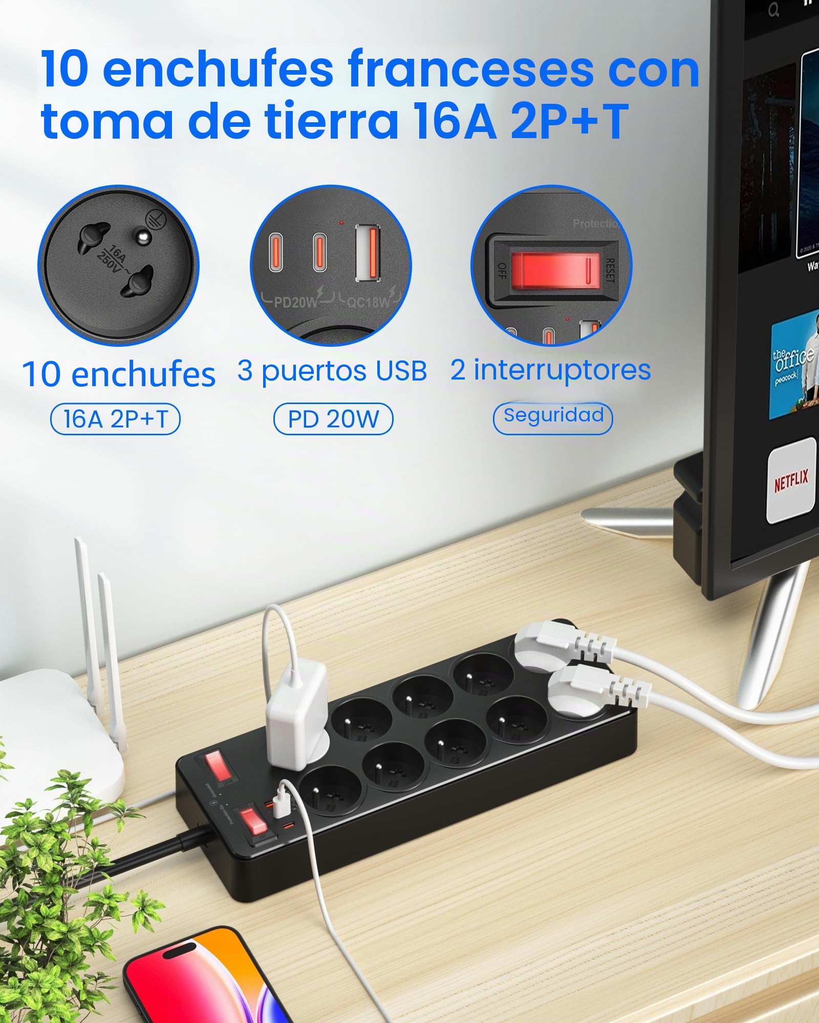 Regleta Enchufes con 10 Tomas Francesas