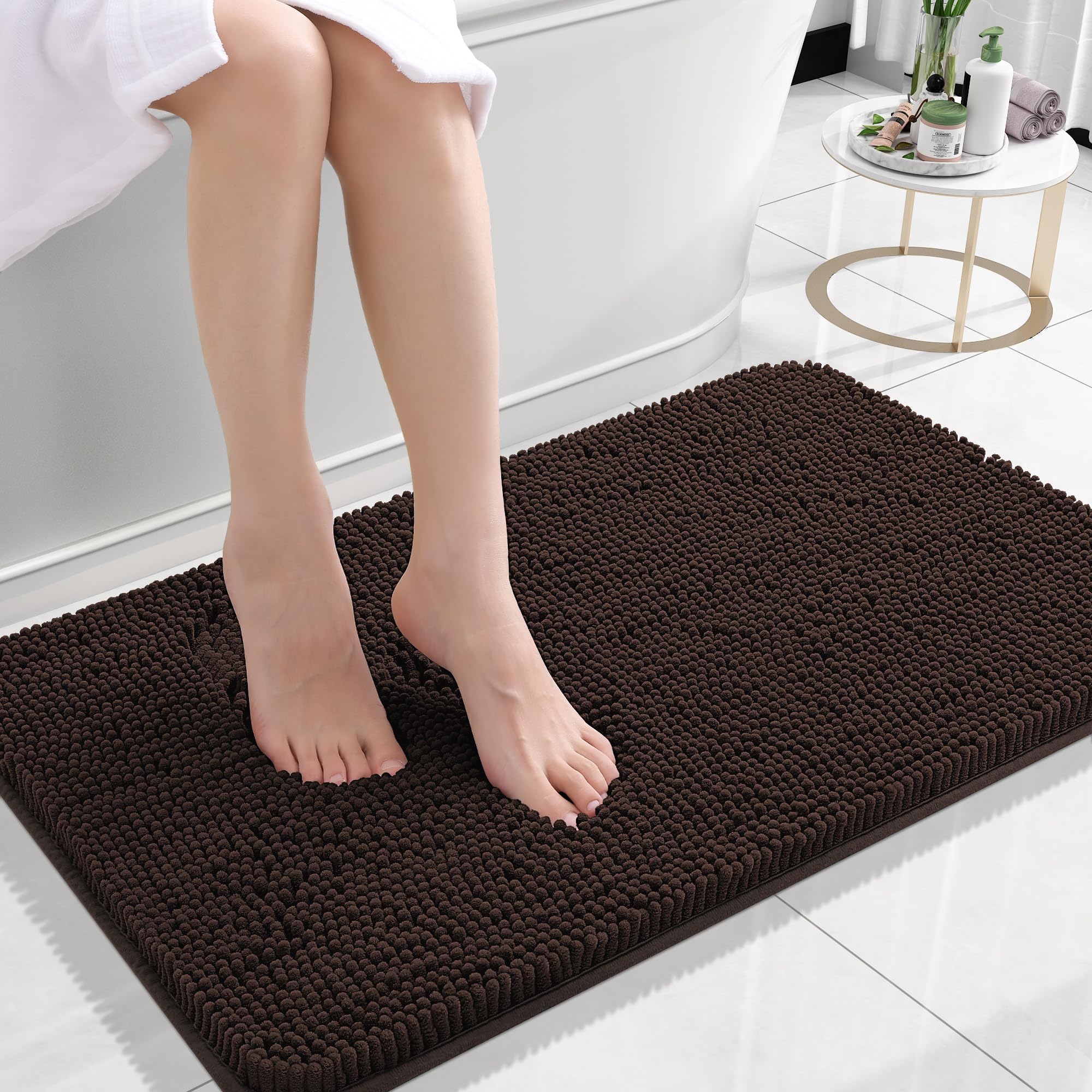 Photo 1 of OLANLY Bathroom Rugs 24x16, Extra Soft Absorbent Chenille Bath Rugs, Rubber Backing Quick Dry, Machine Washable Bath Mats for Bathroom Floor, Tub and Shower, Home Decor Accessories, Brown
