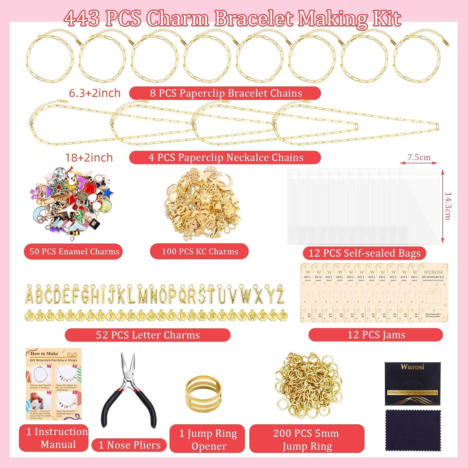 Wurosi 443 Pcs Gold Charm Bracelet Necklace Making Kit for Women, Including 8 Paperclip Chain Bracelets, 4 Paper Clip Chain Necklaces, Accessories for Jewelry Making, Crafts Beginner Supplies Gift - Image 2