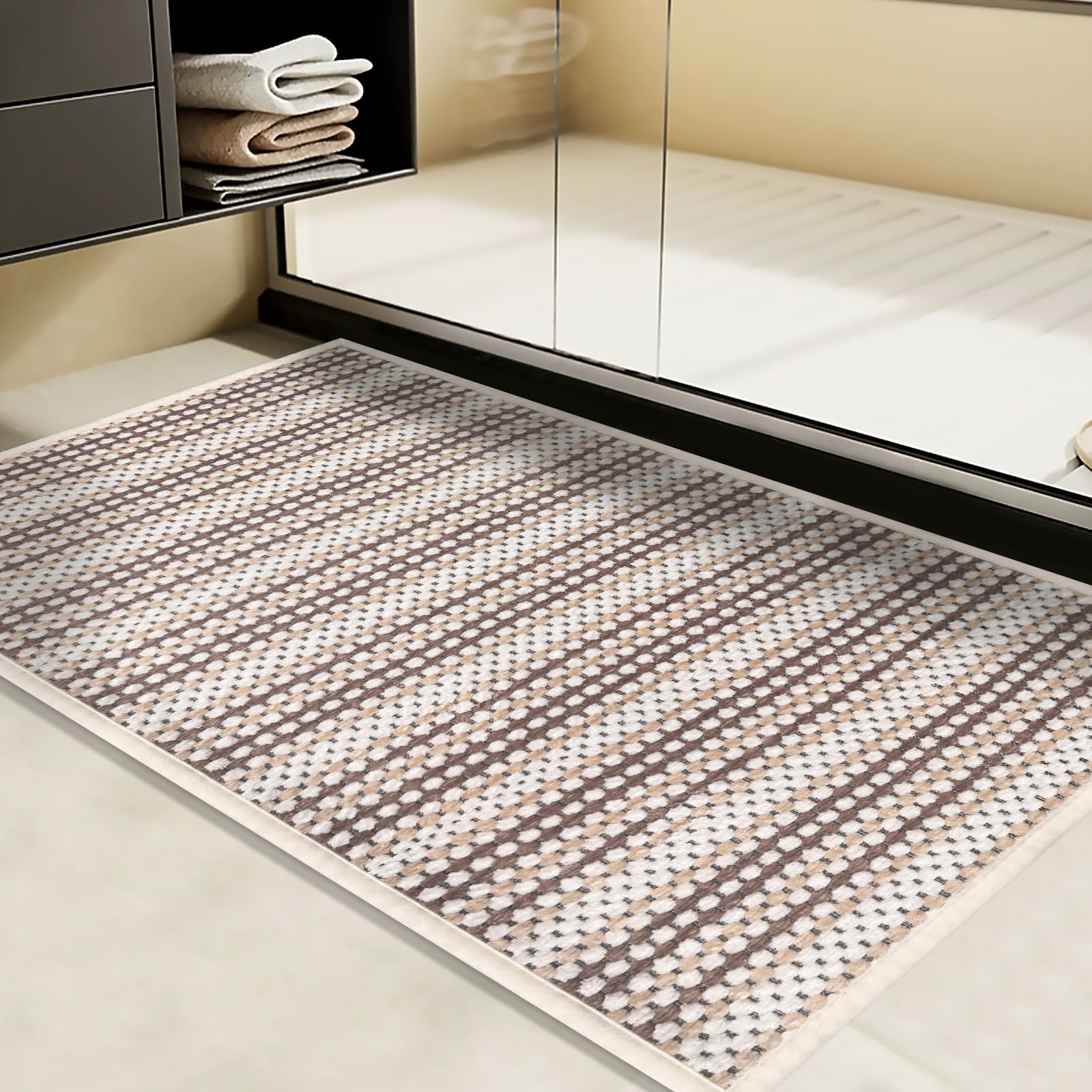 Bath Mat Ultra Thin Bathroom Rugs Soft Braided Non-Slip Washable Bath Mat Super Absorbent Bath Rug Mat Rubber