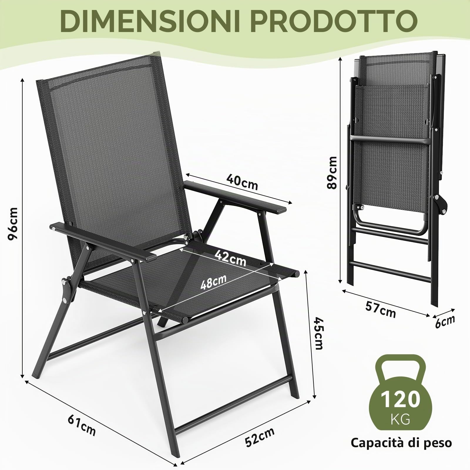 LIFERUN Set di 2 Sedie da Giardino Pieghevoli, Sedie da Campeggio, Nero | Sedie Leggera da esterno con Schienale e Braccioli, Struttura in Metallo,per Balcone, Terrazza