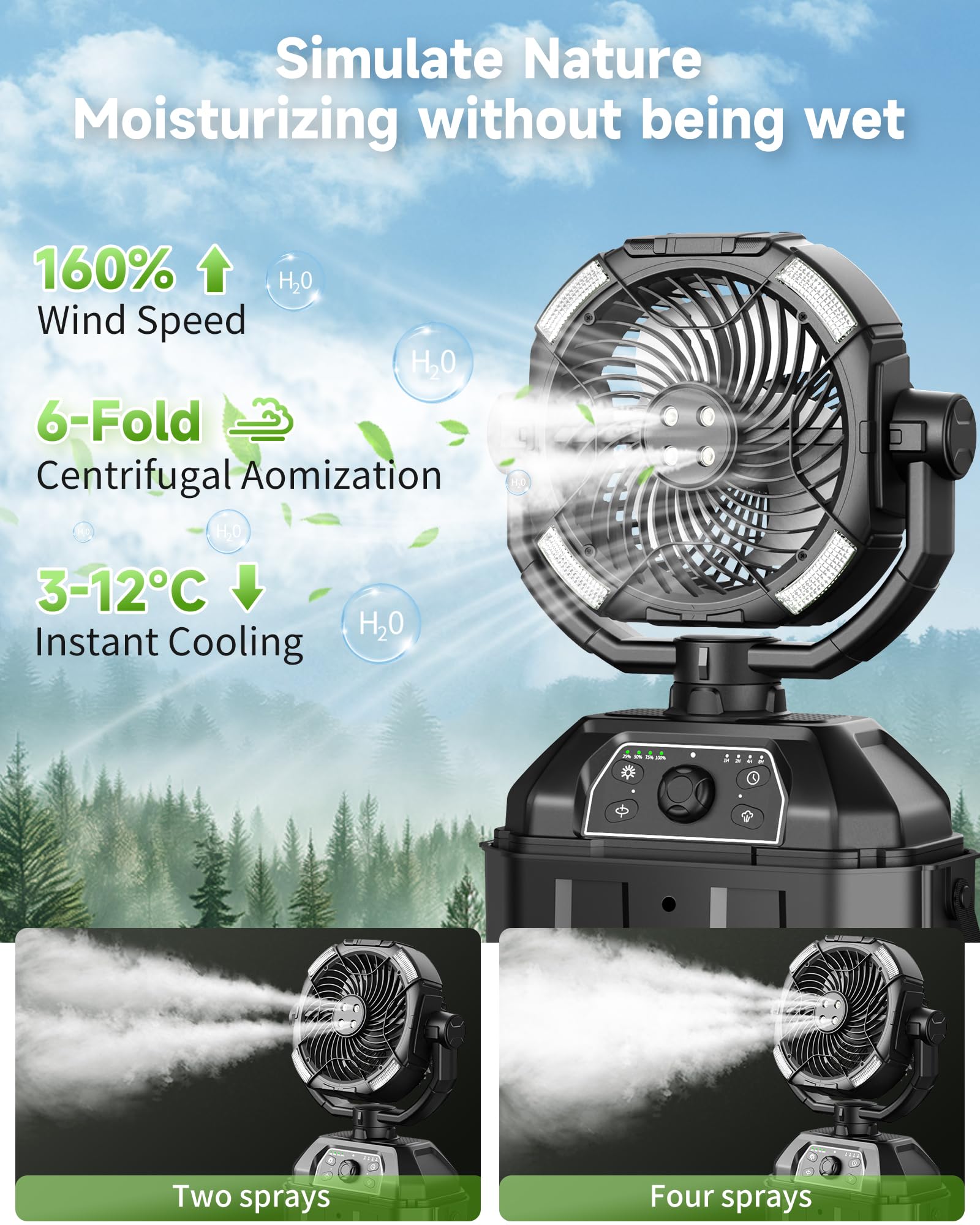 Ventilateur brumisateur avec seau de 7 L, ventilateur de camping rechargeable de 25 000 mAh, vitesse variable en continu, ventilateur d'extérieur de 25,4 cm pour terrasse/camping, ventilateur de