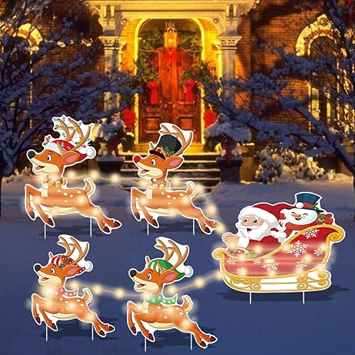 Miniatura 7 de Paquete de 5 carteles de Navidad para patio, decoración de estacas impermeables para exteriores, lindos renos, muñeco de nieve, tren, Papá Noel,