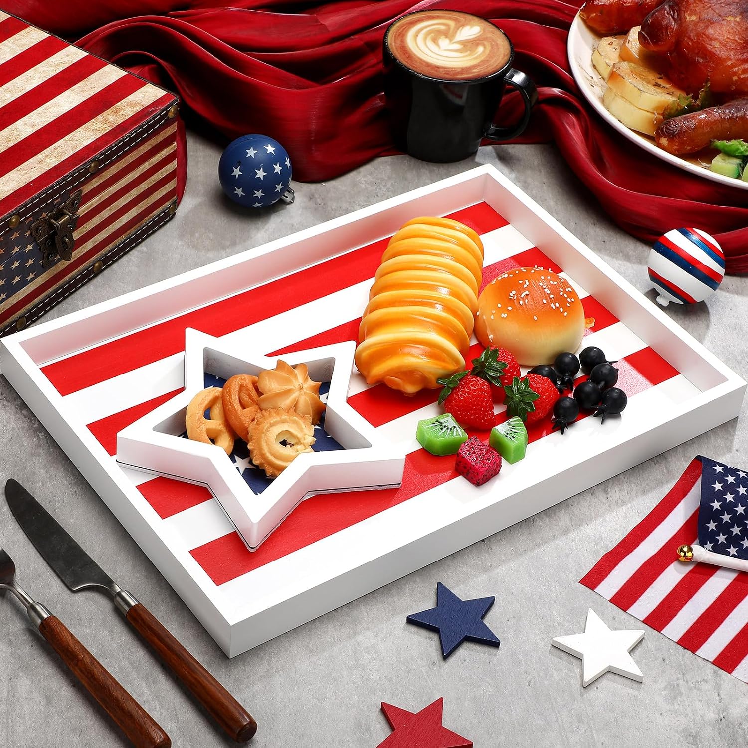 GlikCeil 2 Pack Patriotic Serving Trays 6.3'' 14.17'' Red White Blue Platters 4th of July American Flag Star Serving Dishes 250th Anniversary Wood Memorial Day Decorative Tray for Snack Fruit Candy