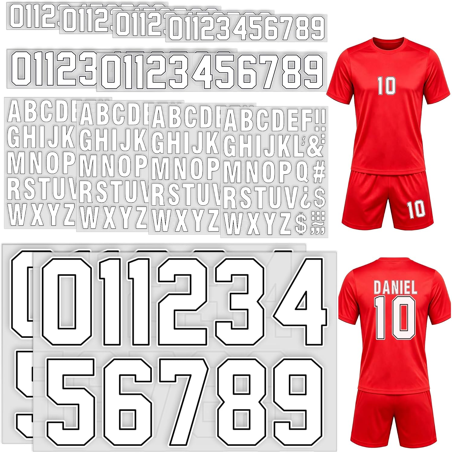 276 Pcs Iron On Letters and Numbers for Clothing, 8" & 3" Large Iron On Numbers for Jersey, 2" Digits & Alphabet, Heat Transfer Vinyl Patches for Sports Shirts and DIY Fabric (White with Black Border)