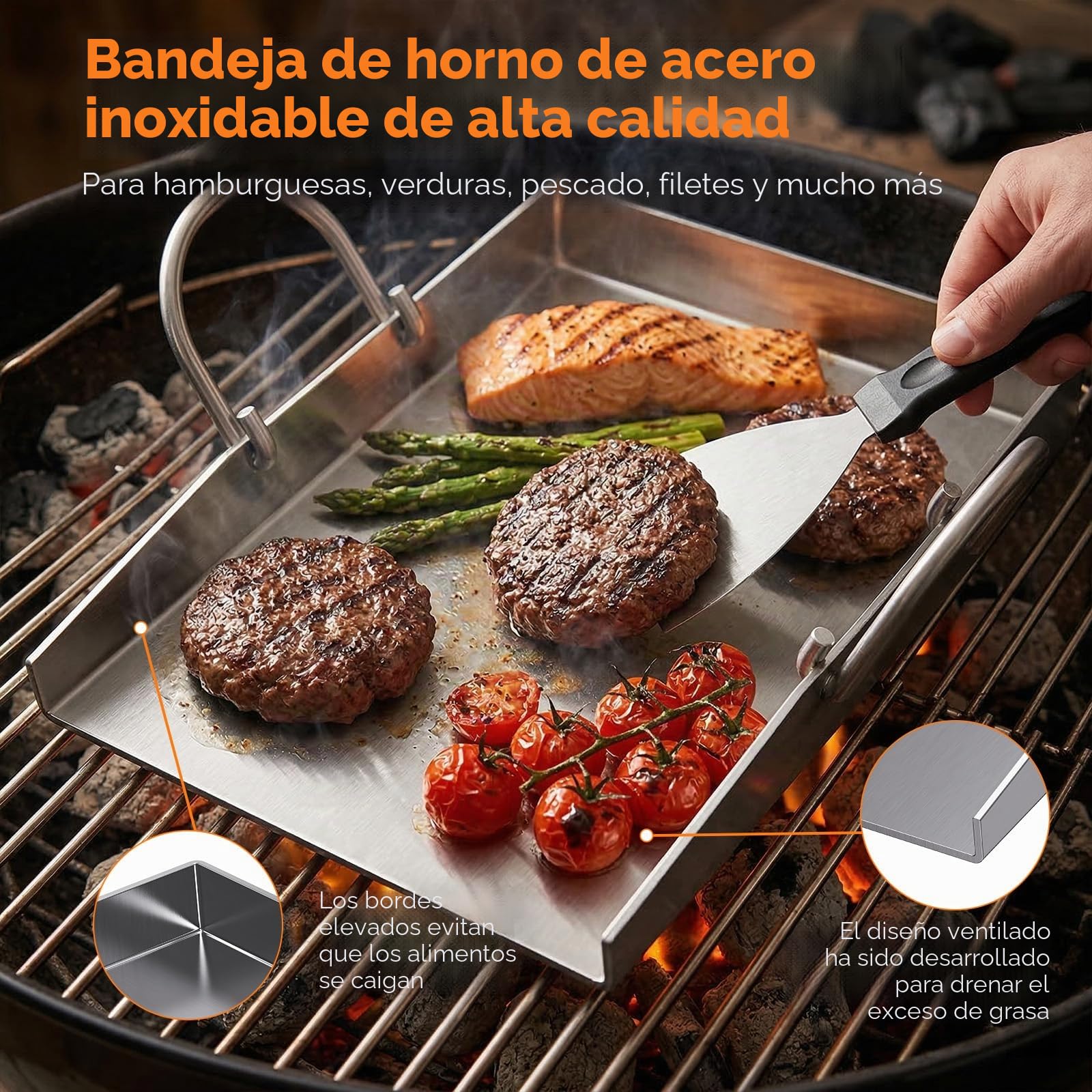 plancha para barbacoa de 40 x 30 cm con perforación, plancha acero inoxidable de 4 mm de grosor, Incluye espátula para barbacoa y mango resistente al calor y no se deforma