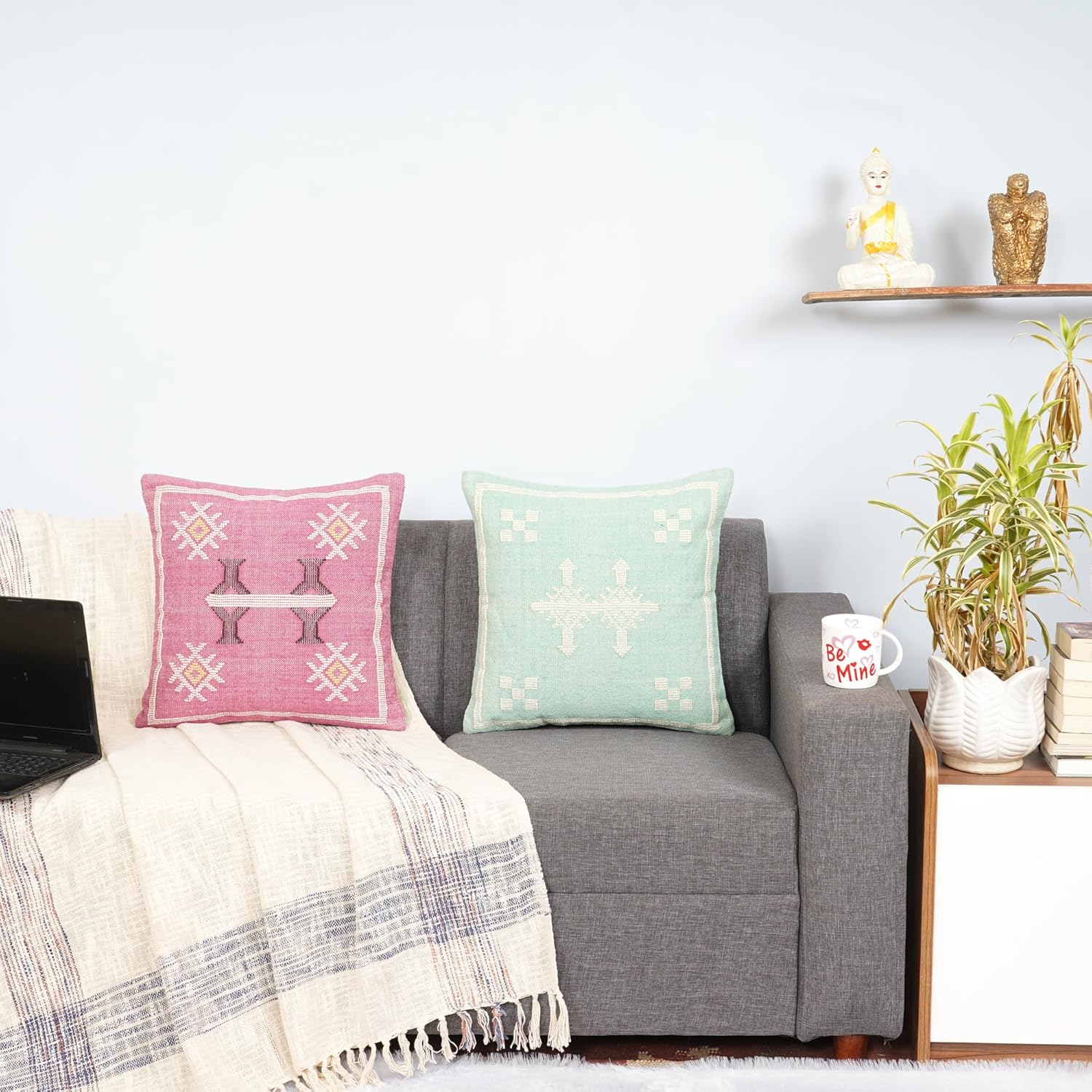 Handmade Beautiful Sabra Pillow Cover Decorative Cotton Cushion Cover for Sofa, Couch, Bed or Living Room, Boho Tribal Throw Pillow Cover 18x18 inch Set of 2 (Pattern 10)