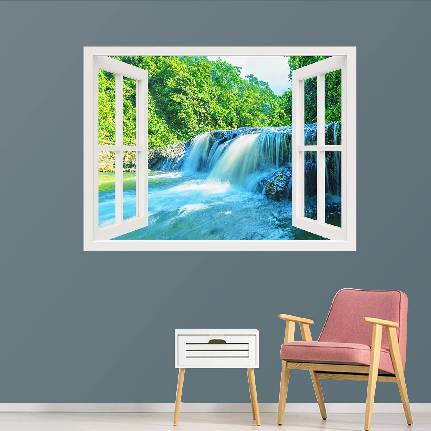 IDEA4WALL Removable Wall Sticker/Wall Mural Vibrant Spring Forest Blue River Rapids Nature Wilderness Photography Modern Art Rustic Landscape Colorful for Living Room, Bedroom, Office - 24x32