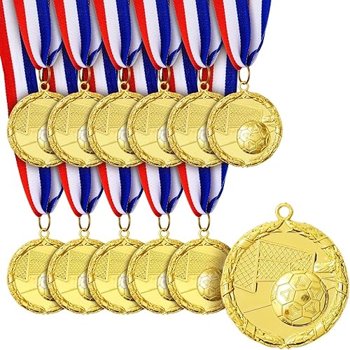 Juvale Paquete de 12 medallas de premio para adultos, trofeos de participación en equipo con cinta de rayas rojas, blancas y azules, recuerdos de