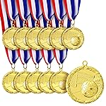 Juvale Soccer Medals - 12-Pack, 2-Inch Gold Zinc Alloy with 15.5-Inch Red, White & Blue Ribbons - Soccer Party Favors, Trophy Award - 1st Place Medals