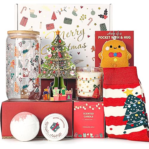 Christmas Gift for Women 2026, Unique Christmas Basket for Coworker Teacher Employee Sister Best Friend Mom Wife, Xmas Holiday Gifts for Women Secret Santa Gift Box Set with Holiday Glass Cup