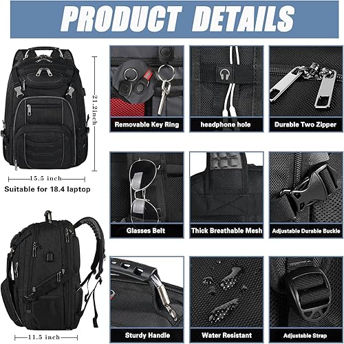 Miniatura 2 de Mochila para laptop de 18.4 pulgadas para hombres, mochila extragrande para laptops gaming de 60L con puerto de cargador USB, aprobada para vuelos