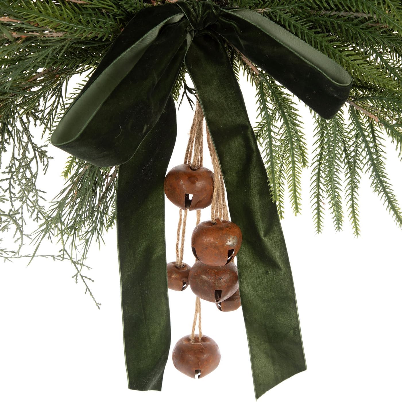 Hobby Lobby Cedar & Jingle Bells Half Wreath, 29 x 29 inches, Green Velvet Bow, Rustic Bells, Round Shape
