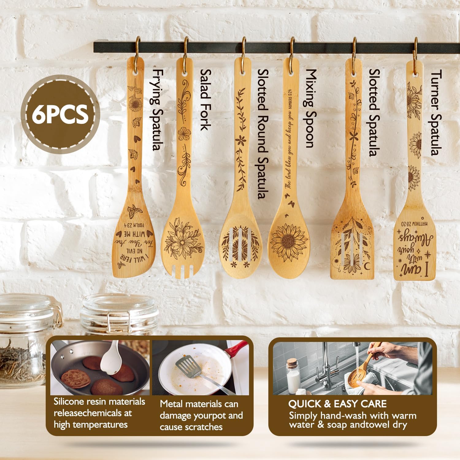 6 Pcs Christian Bible Verse Faith Religious Bamboo Spoon Set for Women Grandma Mom with Encourage Kitchen Towel, Inspirational Gifts for Birthday Thanksgiving Day