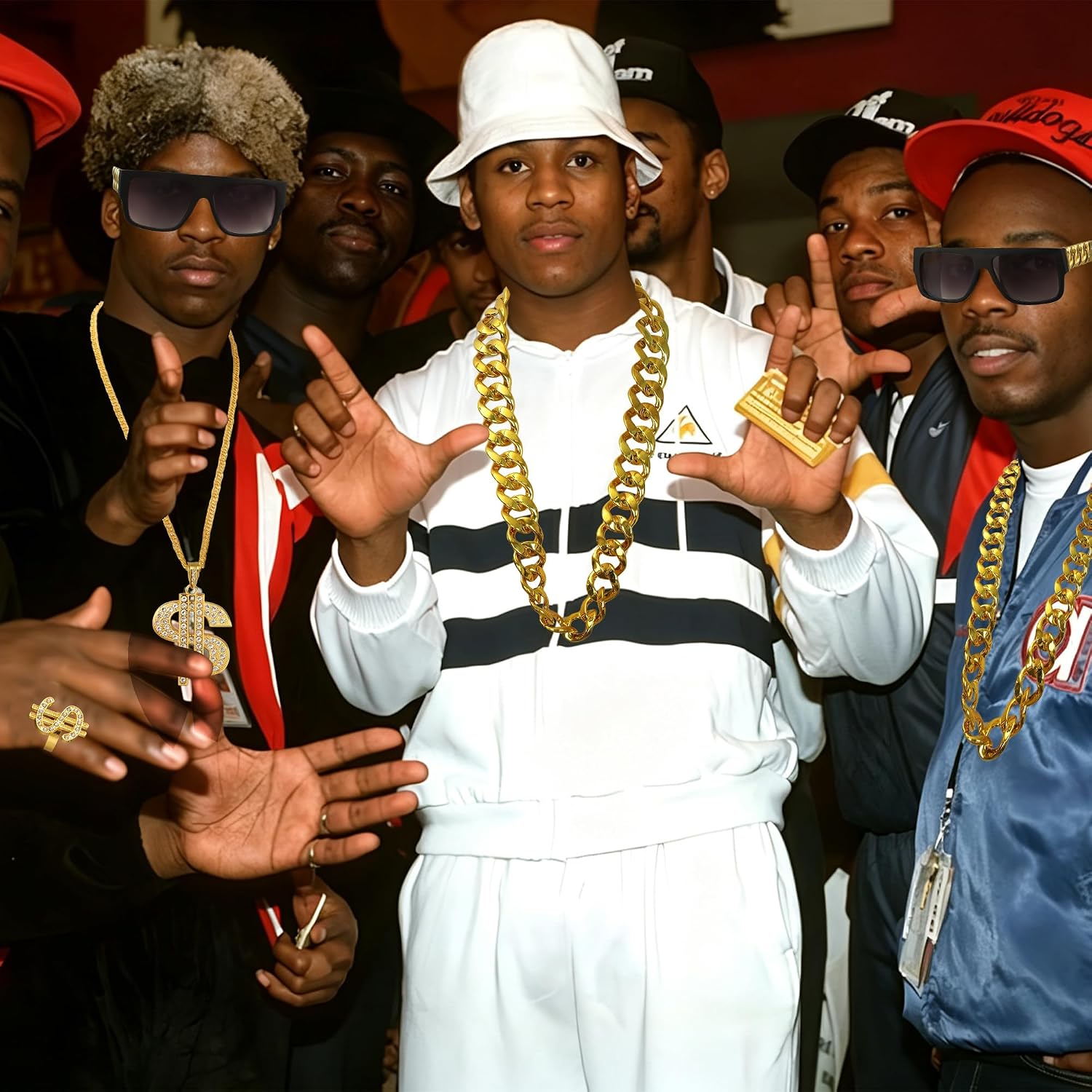 6 Pack 80s 90s Hip Hop Costume Outfit Kit Halloween Rapper Accessories for Men with Fake Gold Chain Sunglasses Dollar Sign Necklace Rings Chain for Halloween Cosplay Club Old School Themed Party