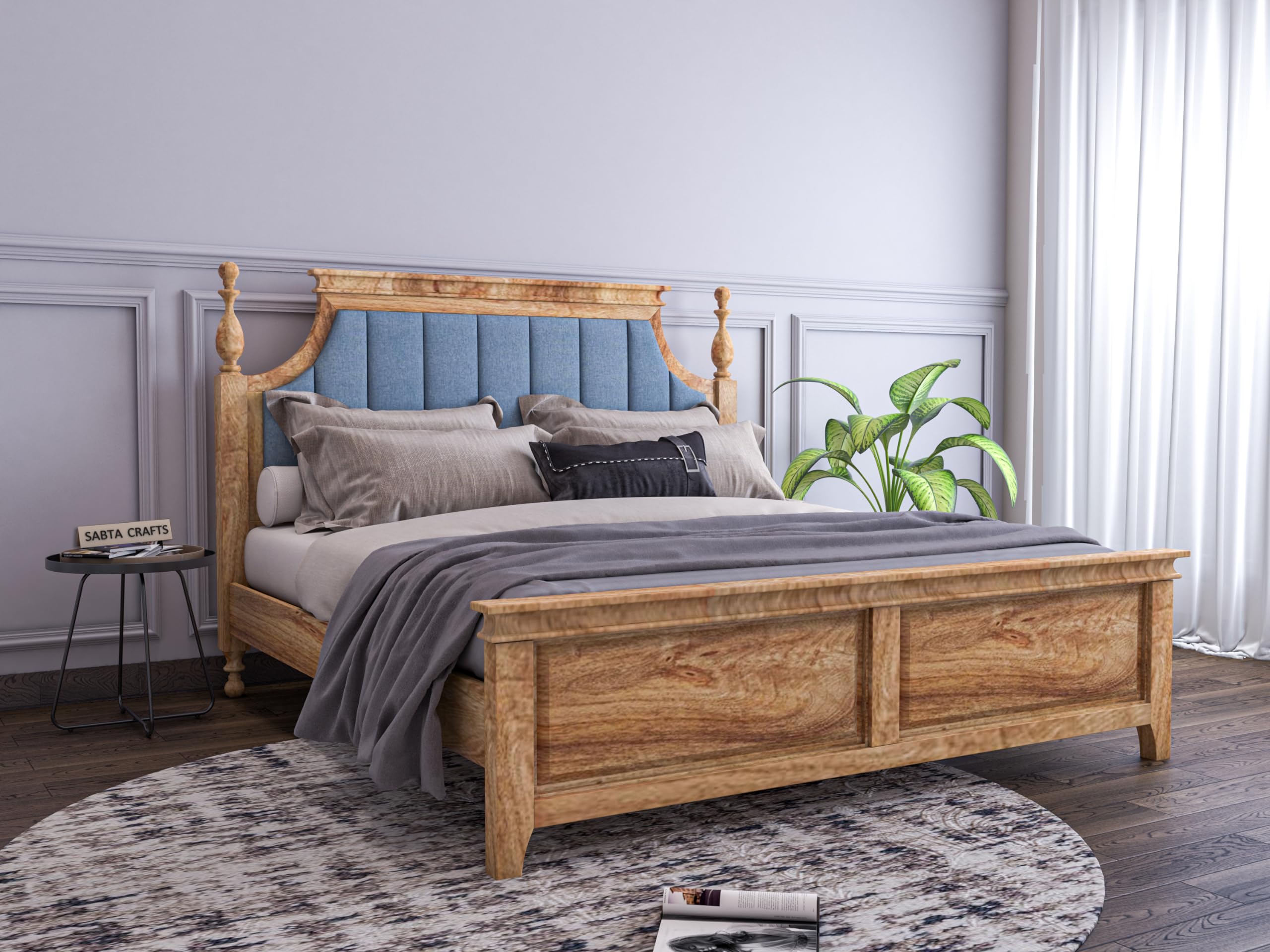 Craft Solid Sheesham Wood Low Height King Size Bed Without Storage | Wooden Double Bed | Low Floor/Lying/Rise/Level/Profile Cot with Blue Upholstered Cushioned Headboard | Teak Finish-B24
