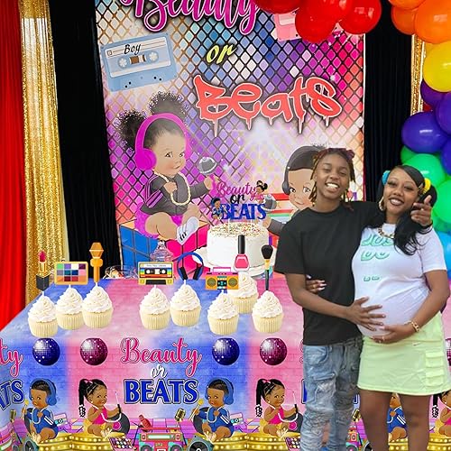 Miniatura 4 de Funmemoir Beauty or Beats - Decoraciones de revelación de género - Mantel de revelación de género de hip hop, decoraciones de mesa para él o ella de