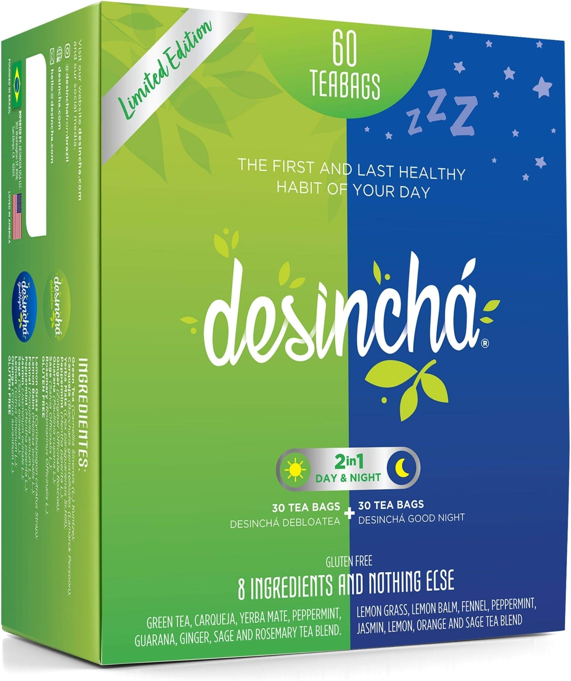 Desinchá Tea Mix - Day & Night Time Herbal Tea | Increase Energy, Supports Mental Focus & Metabolic Health I All 8 Natural Ingredients I 60 Day Supply