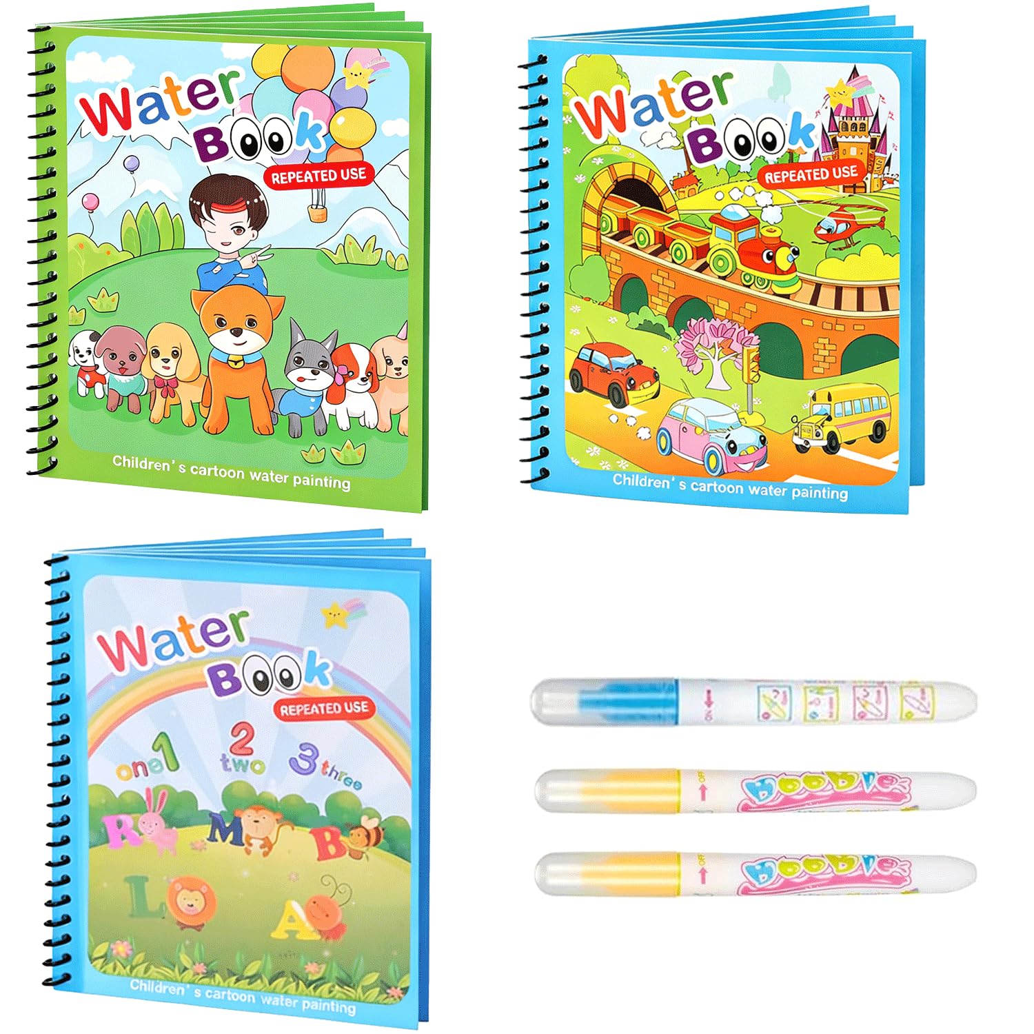 LEMONSTONE Wassermalbuch 3 Stück, Magic Malbuch mit Wasserstift, Water Wow Malbuch, Wiederverwendbares Magisches Malbücher Book, Magic Water Book Für Kinder Geschenke (Welpe+ Zahl + Transportmittel)